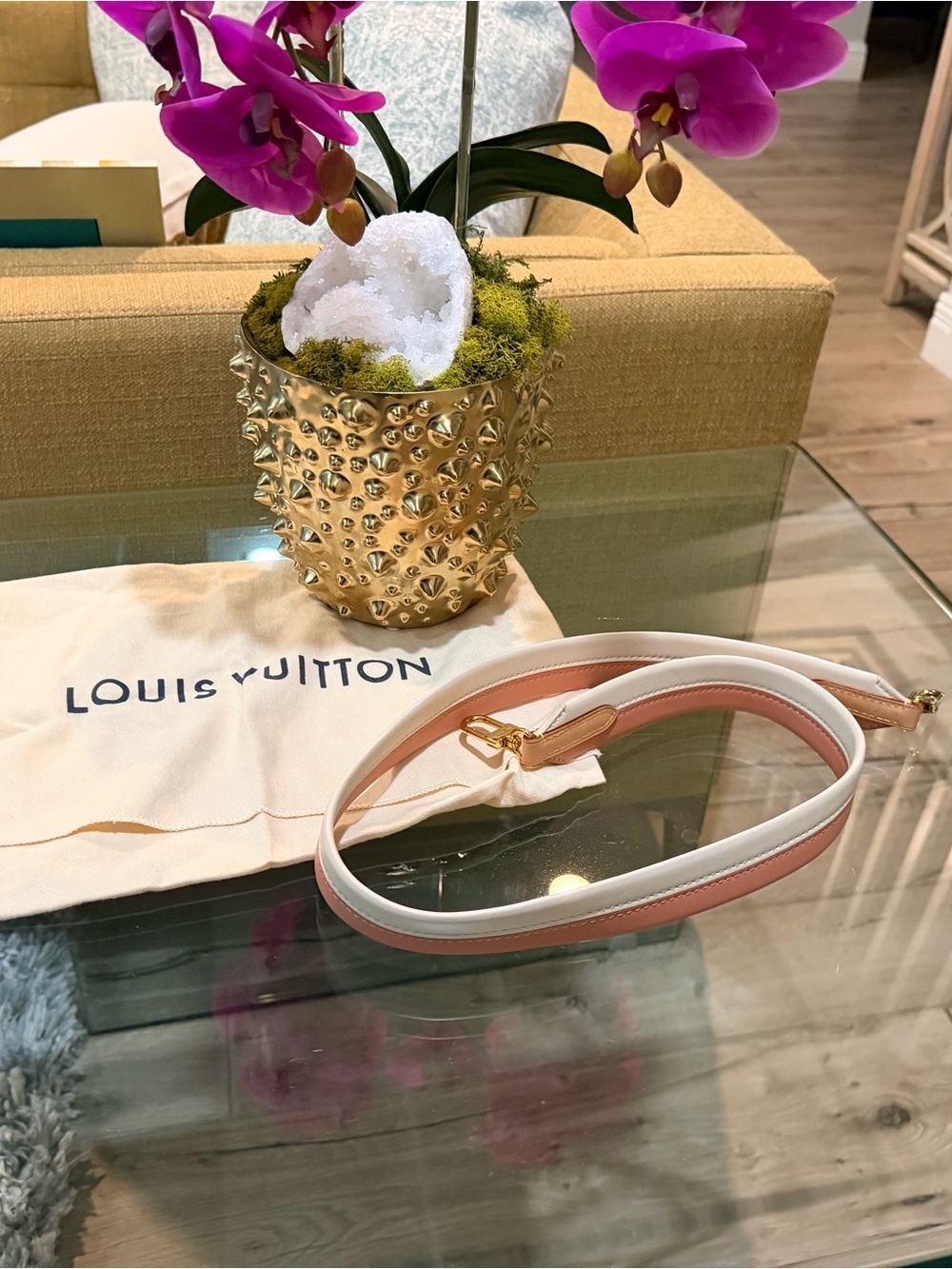 Louis Vuitton Pink and White Leather Shoulder Strap with Gold Hardware